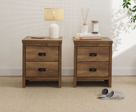 Boston 2 Drawer Bedside Table (Pair)- Knotty Oak