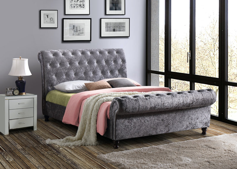 Charlton Super King Size Bed - Steel Crushed Velvet