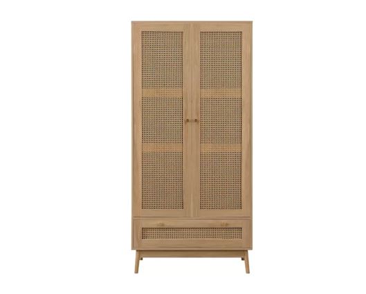 Catalina 2 Door 1 Drawer Rattan Wardrobe- Oak