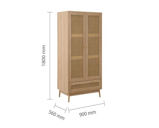 Catalina 2 Door 1 Drawer Rattan Wardrobe- Oak