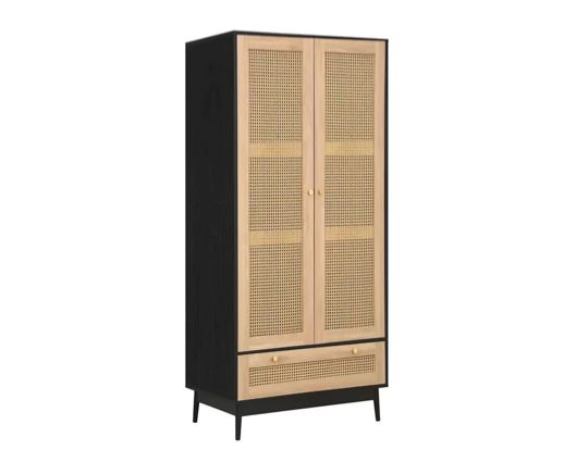 Catalina 2 Door 1 Drawer Rattan Wardrobe- Black