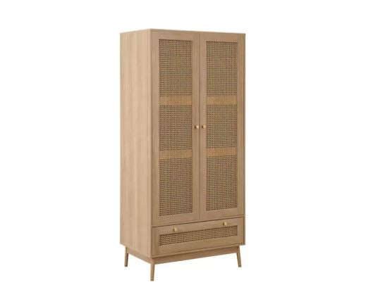 Catalina 2 Door 1 Drawer Rattan Wardrobe- Oak