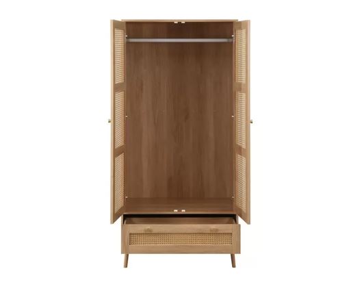 Catalina 2 Door 1 Drawer Rattan Wardrobe- Oak