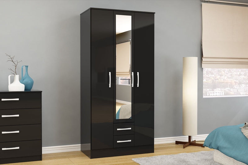 Larz 3 Door 2 Drawer Wardrobe With Mirror-Black