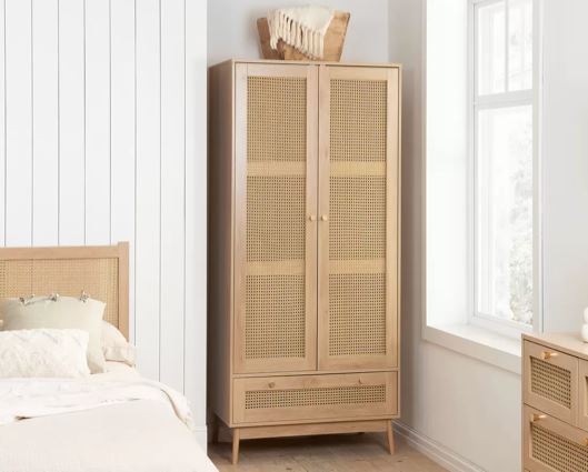 Catalina 2 Door 1 Drawer Rattan Wardrobe- Oak